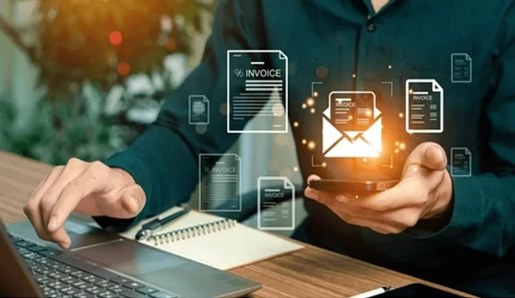 A person sending invoices from a laptop and smartphone with a glowing envelope icon